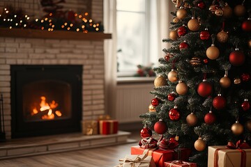 Poster - Festive Living Room with Christmas Decor a Christmas Tree and a Glowing Fireplace : Generative AI