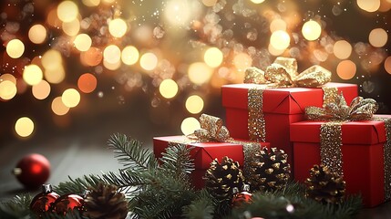 Poster - Luxurious Christmas Gifts Wrapped in Red with Pinecones and Bokeh Lights : Generative AI