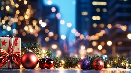 Poster - Festive Christmas Ornament Display in Urban Setting with Twinkling Lights : Generative AI