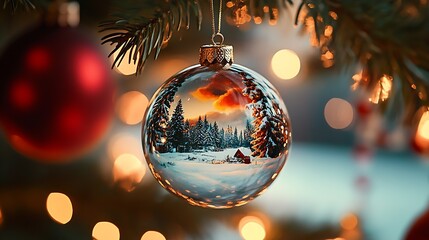 Poster - Snowy Cabin Scene Reflected in Christmas Ornament with Warm Glow : Generative AI