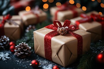 Poster - Christmas Presents Wrapped in Elegant Red Ribbon and Decorated with Snowy Pine Cones : Generative AI