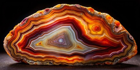 Poster - Close-Up of Agate Structure on a Black Background in Low Light Photography, Capturing the Intricate Patterns and Colors for Nature and Mineral Enthusiasts