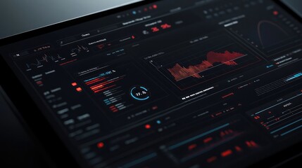 Poster - A close-up shot of a computer screen displaying a dashboard with data visualizations and graphs in red and blue.