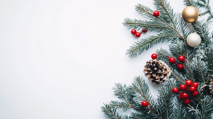 Poster - Christmas border composition with fir branches, berries, and ornaments on white background