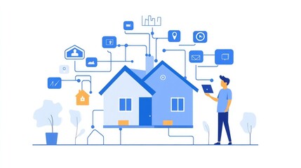 Poster - A man controls his smart home using a tablet. He's standing in front of a house with a network of interconnected devices that create a smart home.