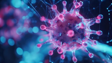 Poster - A close-up view of a virus particle, rendered in vibrant pink and blue hues, with intricate details and a web-like structure.