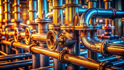 Poster - Close-Up of Industrial Metal Pipes and Fittings Showcasing the Intricate Details of Texture, Rust, and Shine in a Dynamic Industrial Setting for Architectural and Engineering Projects