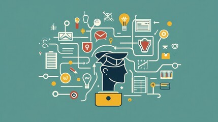 Poster - Abstract illustration of a head with a graduation cap surrounded by various icons representing knowledge and learning.