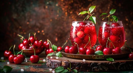 Wall Mural - homemade cherry jam with fresh cherries on rustic wooden background