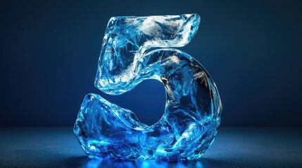 Poster - A 3D rendering of the number five, sculpted from ice, on a deep blue background.