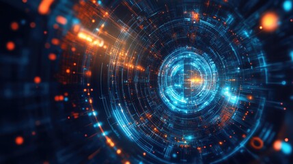 Fototapete - Abstract digital art featuring a swirling, futuristic design with glowing blue and orange lights, reminiscent of a technological portal.