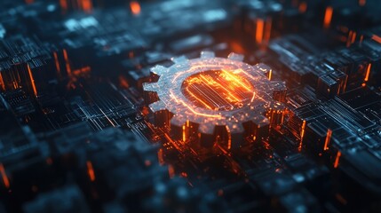 Fototapete - A glowing gear symbol sits atop a circuit board, representing the power and complexity of modern technology.