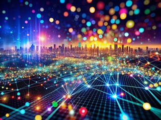 Poster - Connection in a Digital World: A Colorful Flow of Data Dots Intertwined in a Complex Network Showcasing the Evolution of AI Technology in Night Photography