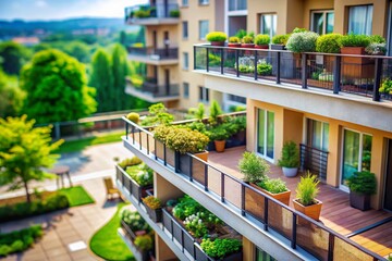 Poster - Contemporary European Balcony Architecture Showcasing Clean Lines, Natural Elements, and Minimalist Design for a Modern Urban Lifestyle Aesthetic in a Tilt-Shift Perspective