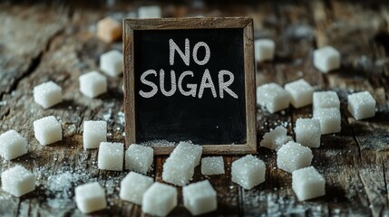 Poster - Promoting sugar free and low sugar lifestyle representing sugar reduction and dangers of excessive sugar consumption with scattered sugar cubes around a blackboard with no sugar written on it