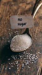 Poster - Granulated white sugar in a vintage spoon on a rustic table with a no sugar sign, showing a sugar free lifestyle concept