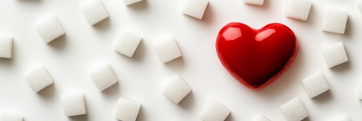 Poster - Red heart surrounded by refined sugar cubes symbolizes the impact of excessive sugar intake on cardiovascular health, highlighting the importance of sugar reduction for a healthy lifestyle
