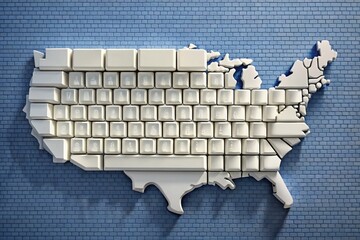 Poster - Creative USA Map Composed of White Computer Keyboard Keys Showcasing Digital Connectivity and Technology in a Unique Candid Photography Style