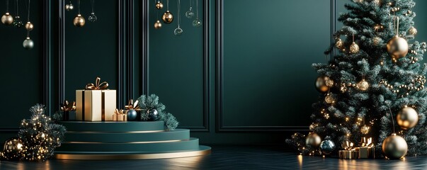 Aufkleber - Christmas gifts waiting under decorated tree and hanging baubles illuminating dark green wall