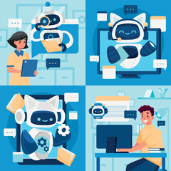 Wall Mural - friendly robots interacting with people