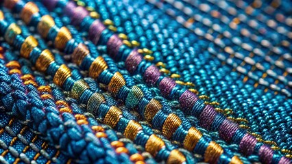 Poster - Detailed Macro Photography of Woven Jacquard Denim Fabric with Metallic Threads, Showcasing Intricate Patterns and Textures for Textile and Fashion Enthusiasts