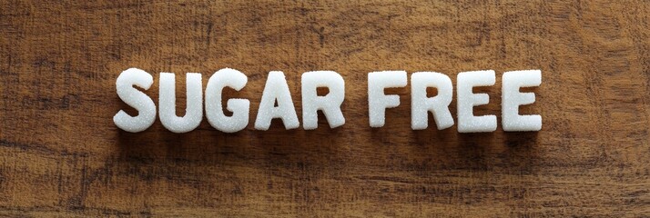 Aufkleber - White sugar granules forming the words sugar free are placed on a wooden table, representing the concept of sugar free products and healthy eating habits
