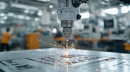 Poster - Robotic arm drilling into metal with sparks flying showcasing automated industrial processes and advanced manufacturing technology
