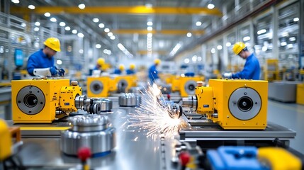 Poster - Sparks fly as advanced industrial machinery grinds metal in a high tech factory setting