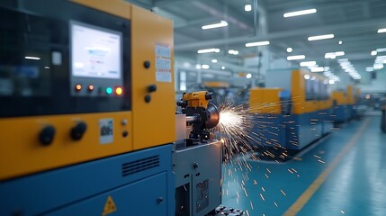 Poster - Bright sparks fly as industrial machinery grinds metal in a high tech factory representing advanced production processes and technological innovation in manufacturing