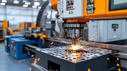 Poster - Sparks flying from a powerful metal fabrication machine capturing the energy and precision of industrial production processes at work in a manufacturing workshop or factory setting