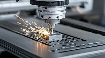 Poster - High Tech CNC Milling Machine Creating Metallic Parts with Cascade of Sparks Representing Efficiency and Accuracy in Industrial Manufacturing Process