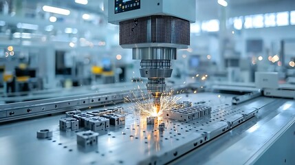 Poster - Industrial grade milling machine creating advanced metal components with bright sparks and a modern factory backdrop showcasing the precision and automation of the manufacturing process