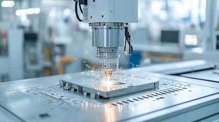 Poster - Close up view of a computer numerical control CNC machine emitting sparks while metal processing in a high tech industrial manufacturing facility