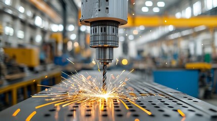 Poster - Precision metalworking process featuring automated industrial machinery and a sparking drill highlighting the power and skill of modern manufacturing and production