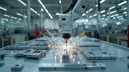 Poster - High precision robotic drill meticulously working on intricate metal parts creating vivid sparks and showcasing the sophisticated machinery of an advanced industrial environment