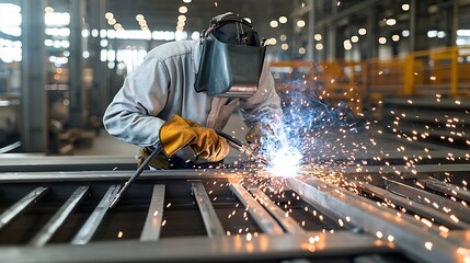 Poster - Skilled Industrial Worker Precisely Welding Metal with Intense Flying as He Carefully Shapes the Material to Showcase His Dedication and Craftsmanship