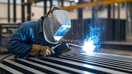 Poster - A skilled welder wearing a protective mask and gloves intently focused on the precision metal welding process