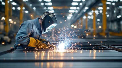 Poster - Skilled welder in protective gear intensely focused on welding metal parts with glowing sparks showcasing the and precision of the welding process