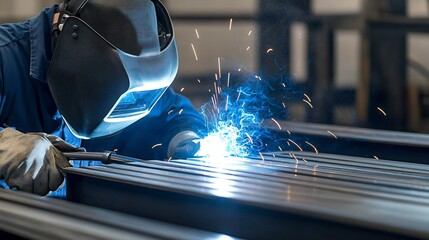 Poster - Close up shot of a skilled welder in protective gear meticulously focusing on the process of welding metal with a blue light illuminating the intense activity