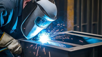 Poster - Close up shot of a skilled welder wearing a protective mask intently focused on the precision metal welding process with blue light illuminating the intense sparks and molten steel