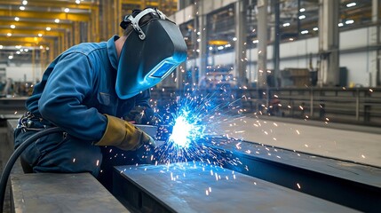 Poster - Professional Welder Wearing Protective Equipment While Performing Welding Task Generating Blue Sparks for Dramatic Effect in an Industrial Manufacturing Setting