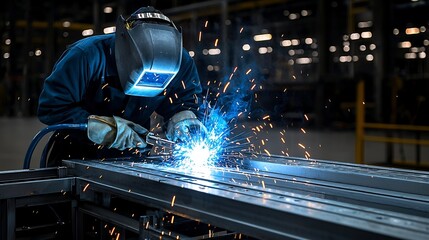 Poster - A professional welder wearing protective equipment such as a welding mask and gloves is captured in an industrial setting  Dramatic blue sparks are created as they expertly weld metal
