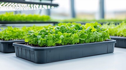 Aufkleber - Hydroponic trays filled with fresh green lettuce cultivated in a clean organized environment under energy efficient LED lights