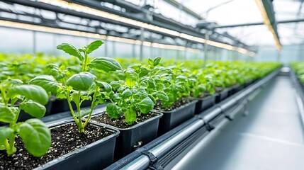 Aufkleber - Rows of lush green herbs growing in a modern hydroponic greenhouse with nutrient channels illustrating the innovative and sustainable approach of indoor farming to produce fresh