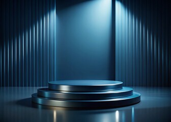 Poster - Elegant Dark Blue Podium on Monochromatic Background for Abstract Display – Ideal for Product Showcases, Awards, or Creative Presentations in Long Exposure Style