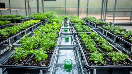 Aufkleber - Hydroponic indoor agriculture setup featuring herb plants growing in water channels with a circulating nutrient solution