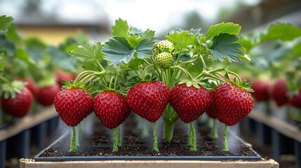 Aufkleber - Aeroponic column of strawberry plants with misted roots displaying innovative high efficiency farming methods in a controlled indoor environment