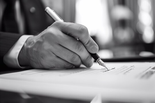 A person is signing a contract with a fountain pen at an elegant office desk