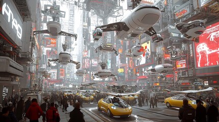 Aufkleber - Sleek Futuristic Sci Fi City with Robotic Citizens and Neon Lit Skyscrapers   A Stunning Cityscape with Flying Cars Digital Billboards and Innovative Architecture