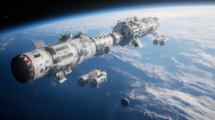 Wall Mural - visionary rendering of an advanced futuristic space station orbiting a distant alien planet with doc